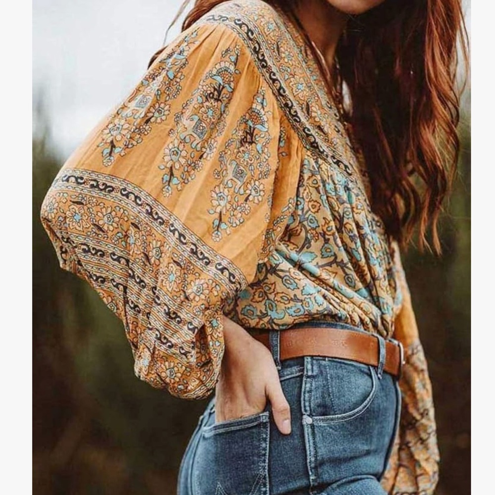 Bohemian Floral Blouse - Orange and Blue NWOT - Picture 4 of 7